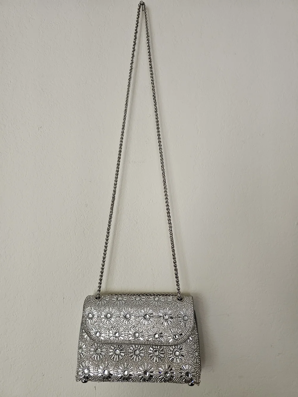 Rhinestone Embellished Silver Evening Clutch with Chain